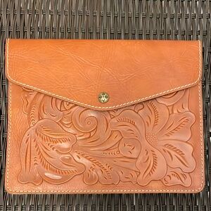 Patricia Nash brown tooled floral leather envelope clutch